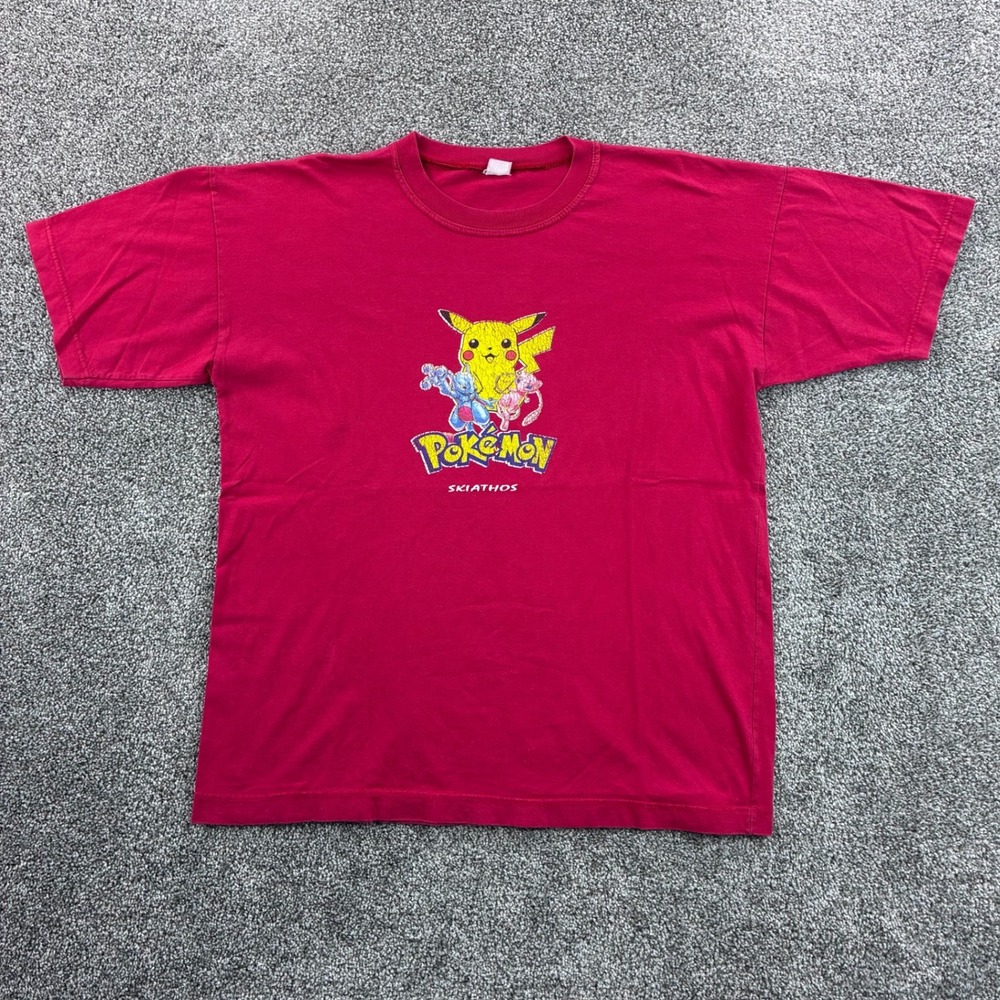 Vintage Pokemon Shirt Mens XL Red Pikachu Mew Mewtwo Skiathos Greece Anime Crop